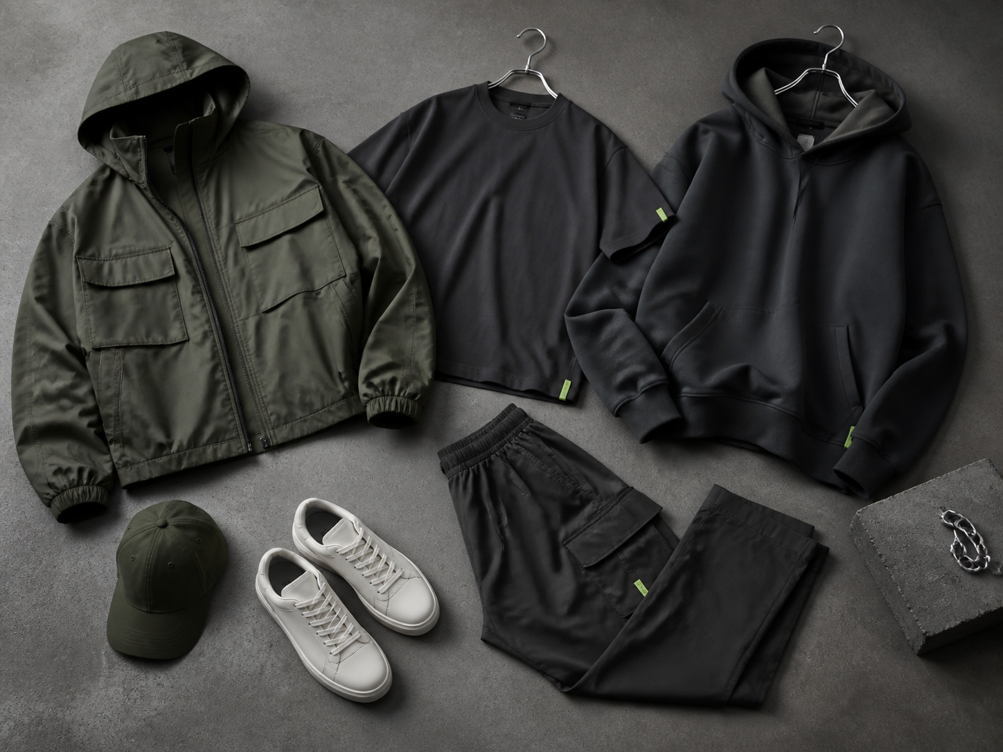 Flat lay koleksi hoodie, jaket, kaos, celana cargo, topi, dan sneakers streetwear premium