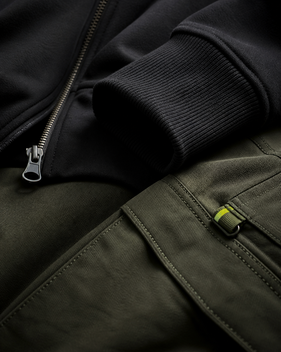 Detail kain, rib, resleting, dan jahitan pakaian streetwear premium